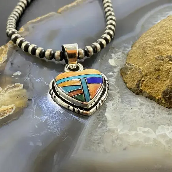 Native American Sterling Silver Heart Shape Multi Stone Inlay Pendant For Women - Picture 4 of 10